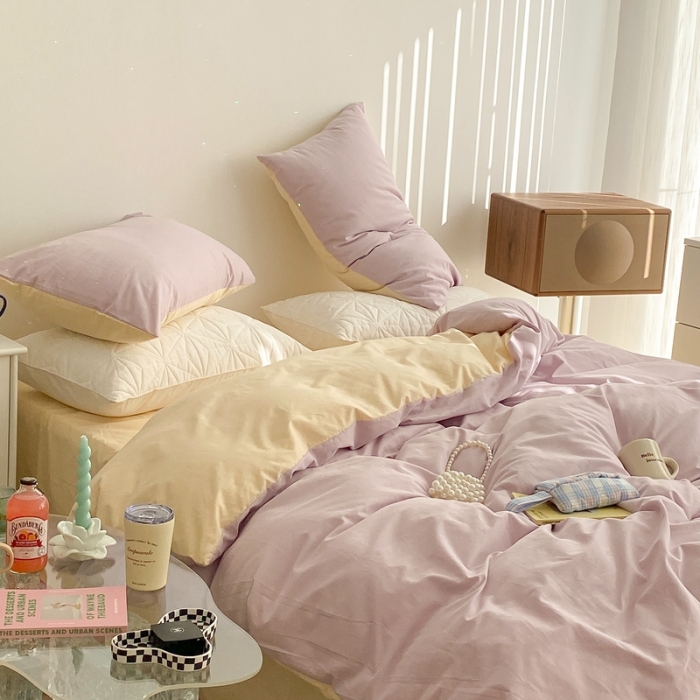 91家纺网 家纺一手货源 找家纺 昔可家纺 2021新款双拼加厚磨毛四件套 奶油紫双拼