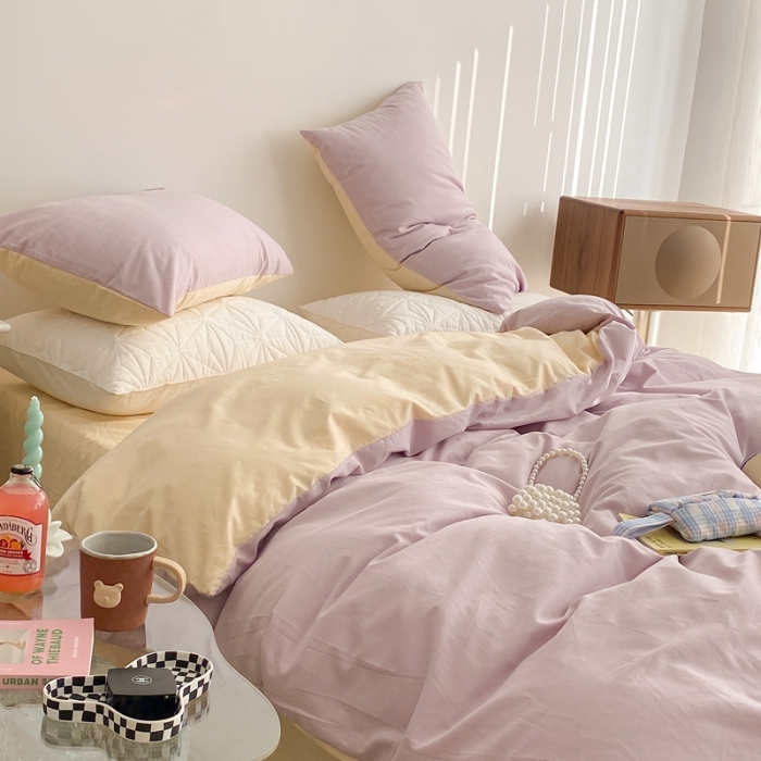 91家纺网 家纺一手货源 找家纺 昔可家纺 2021新款双拼加厚磨毛四件套 奶油紫双拼