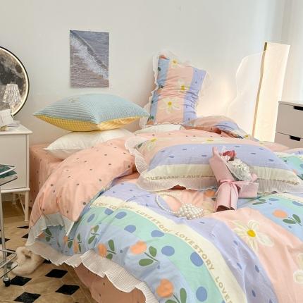 91家纺网 家纺一手货源 找家纺 昔可家纺 2022新款13372全棉百褶花边四件套 竖条拼接花