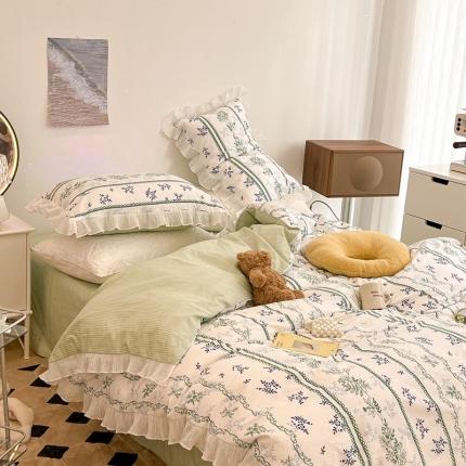 91家纺网 家纺一手货源 找家纺 昔可家纺 2022新款13372全棉百褶花边四件套 仙仙蕾丝花