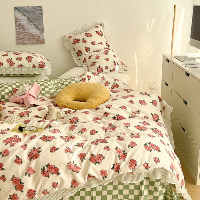 91家纺网 家纺一手货源 找家纺 昔可家纺 2022新款13372全棉百褶花边四件套 粉荔枝小姐