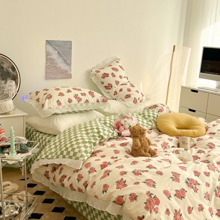 91家纺网 家纺一手货源 找家纺 昔可家纺 2022新款13372全棉百褶花边四件套 粉荔枝小姐