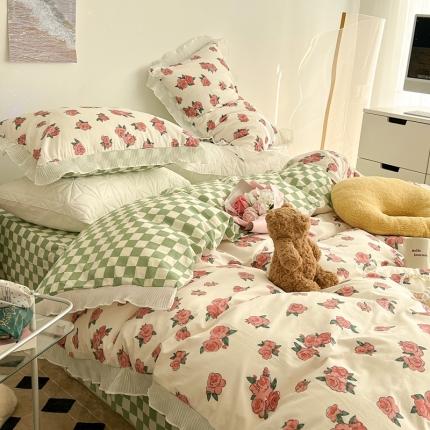 昔可家纺 2022新款13372全棉百褶花边四件套 粉荔枝小姐