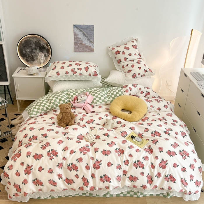 91家纺网 家纺一手货源 找家纺 昔可家纺 2022新款13372全棉百褶花边四件套 粉荔枝小姐