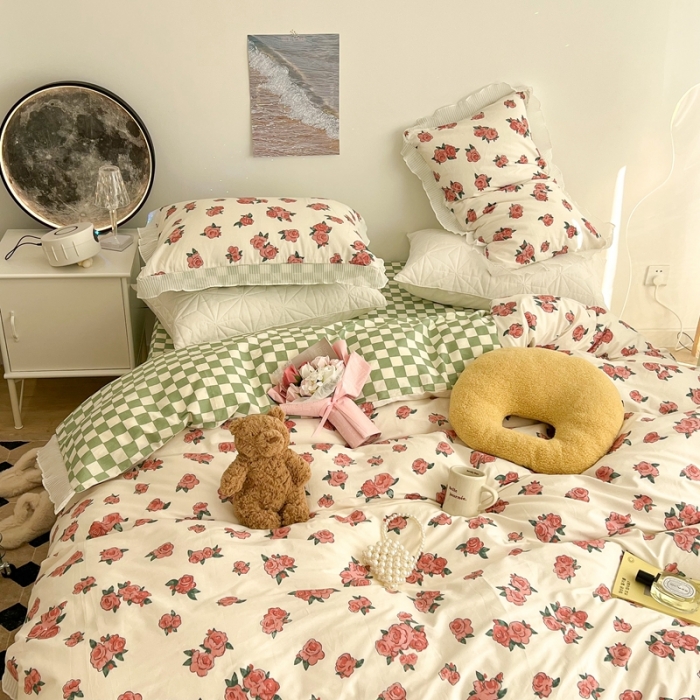 91家纺网 家纺一手货源 找家纺 昔可家纺 2022新款13372全棉百褶花边四件套 粉荔枝小姐