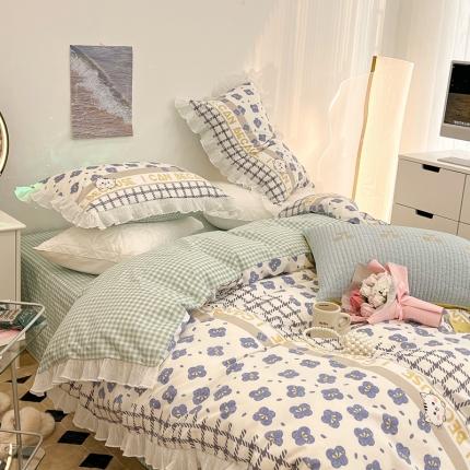 昔可家纺 2022新款13372全棉百褶花边四件套 蓝花猫猫