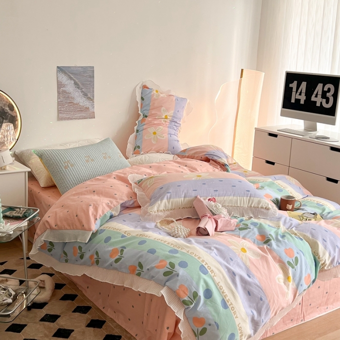 91家纺网 家纺一手货源 找家纺 昔可家纺 2022新款13372全棉百褶花边四件套 竖条拼接花