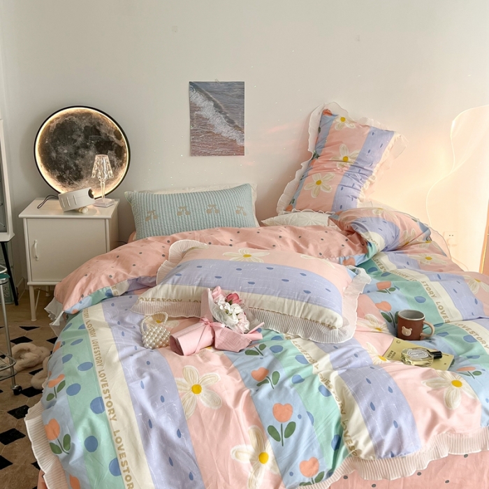 91家纺网 家纺一手货源 找家纺 昔可家纺 2022新款13372全棉百褶花边四件套 竖条拼接花