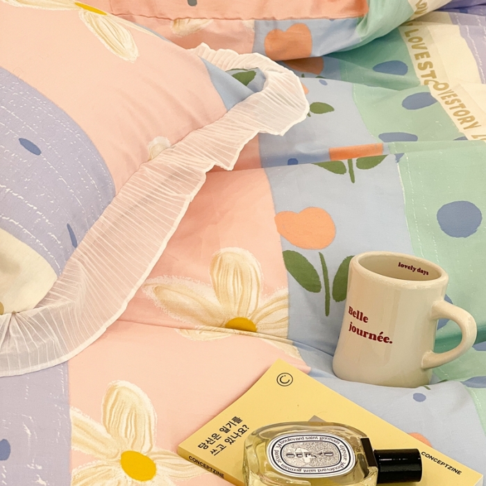 91家纺网 家纺一手货源 找家纺 昔可家纺 2022新款13372全棉百褶花边四件套 竖条拼接花