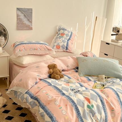 昔可家纺 2022新款13372全棉百褶花边四件套 竖条兔兔