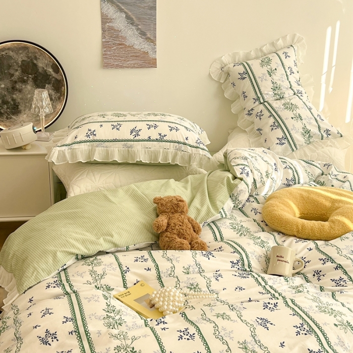 91家纺网 家纺一手货源 找家纺 昔可家纺 2022新款13372全棉百褶花边四件套 仙仙蕾丝花