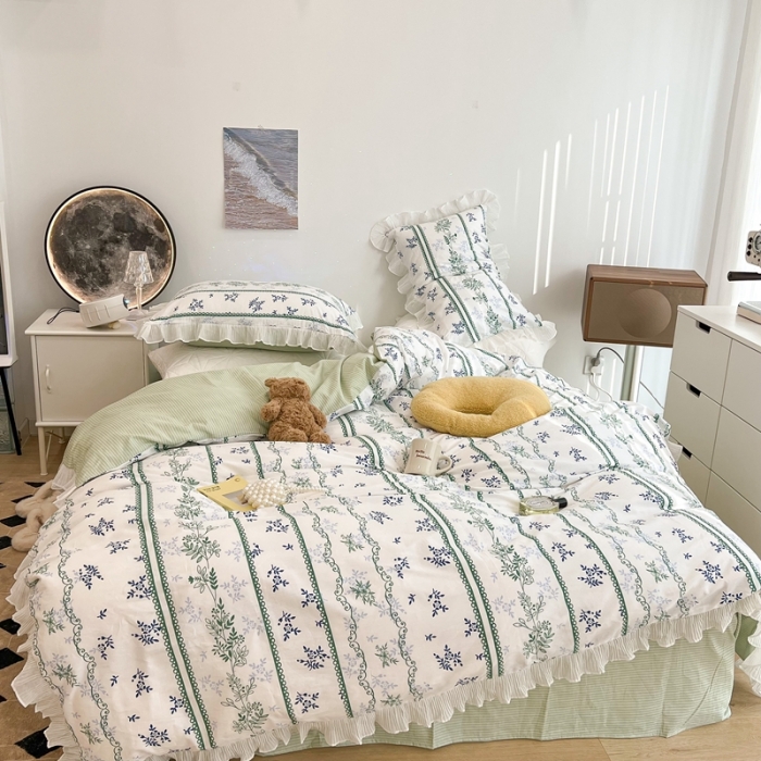 91家纺网 家纺一手货源 找家纺 昔可家纺 2022新款13372全棉百褶花边四件套 仙仙蕾丝花