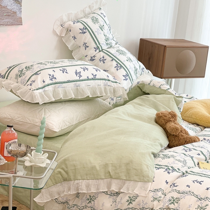 91家纺网 家纺一手货源 找家纺 昔可家纺 2022新款13372全棉百褶花边四件套 仙仙蕾丝花