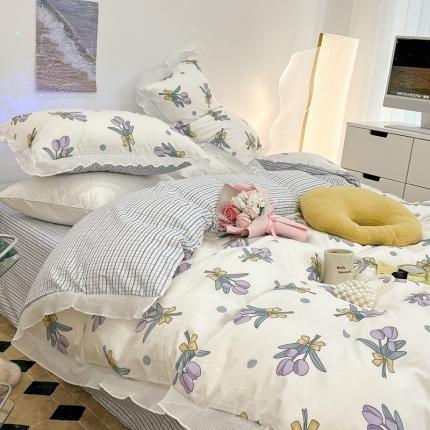 昔可家纺 2022新款13372全棉百褶花边四件套 紫郁金仙子