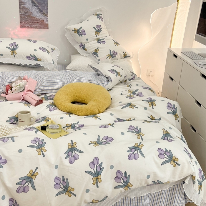 91家纺网 家纺一手货源 找家纺 昔可家纺 2022新款13372全棉百褶花边四件套 紫郁金仙子