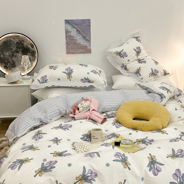 91家纺网 家纺一手货源 找家纺 昔可家纺 2022新款13372全棉百褶花边四件套 紫郁金仙子