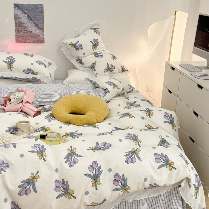 91家纺网 家纺一手货源 找家纺 昔可家纺 2022新款13372全棉百褶花边四件套 紫郁金仙子