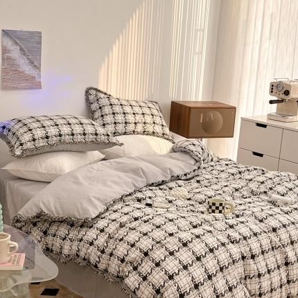 昔可家纺 2022新款13372全棉香香风流苏边四件套 香香白格流苏