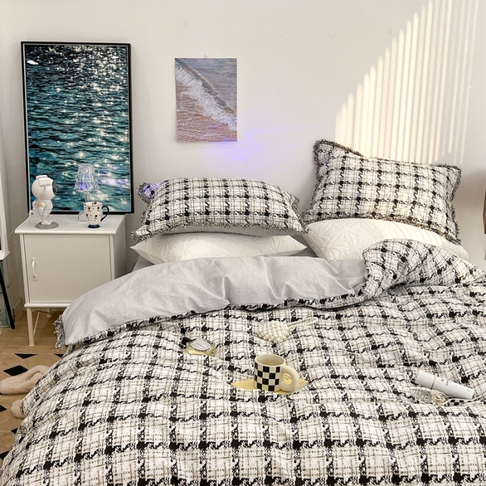 91家纺网 家纺一手货源 找家纺 昔可家纺 2022新款13372全棉香香风流苏边四件套 香香白格流苏