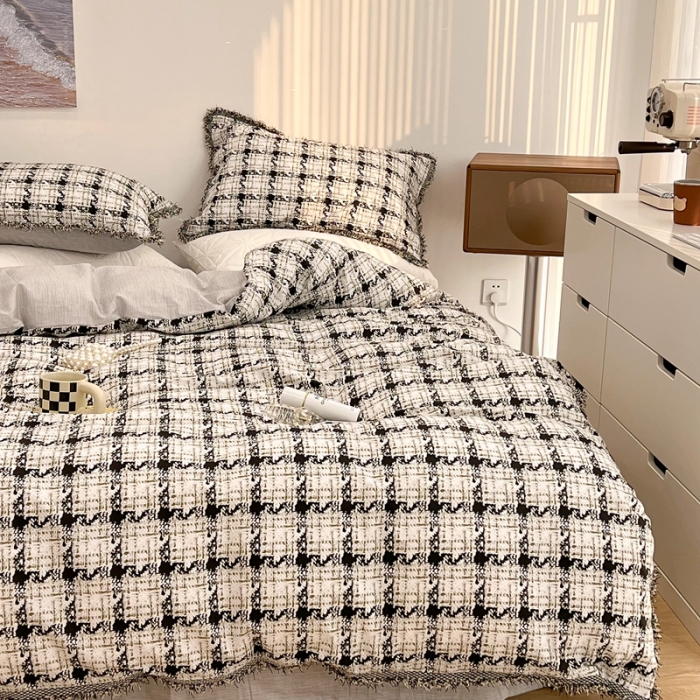 91家纺网 家纺一手货源 找家纺 昔可家纺 2022新款13372全棉香香风流苏边四件套 香香白格流苏