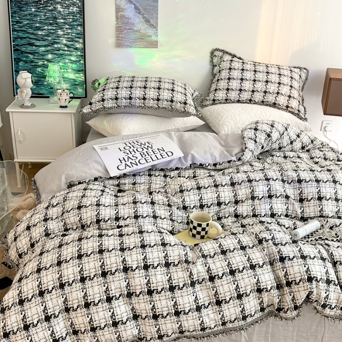 91家纺网 家纺一手货源 找家纺 昔可家纺 2022新款13372全棉香香风流苏边四件套 香香白格流苏