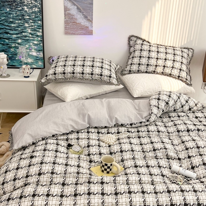 91家纺网 家纺一手货源 找家纺 昔可家纺 2022新款13372全棉香香风流苏边四件套 香香白格流苏