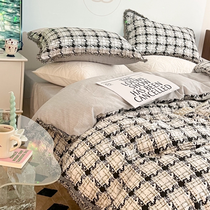 91家纺网 家纺一手货源 找家纺 昔可家纺 2022新款13372全棉香香风流苏边四件套 香香白格流苏