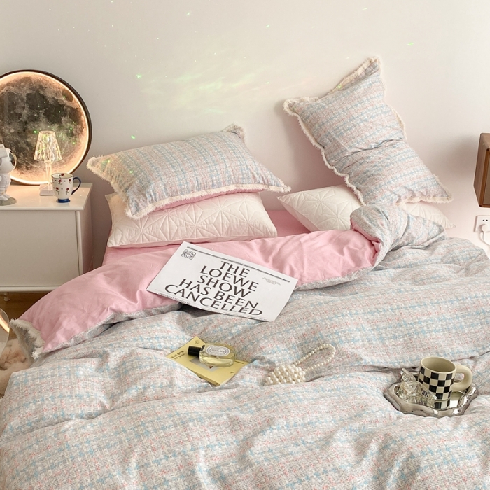 91家纺网 家纺一手货源 找家纺 昔可家纺 2022新款13372全棉香香风流苏边四件套 香香粉兰流苏