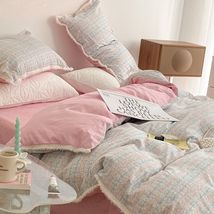 91家纺网 家纺一手货源 找家纺 昔可家纺 2022新款13372全棉香香风流苏边四件套 香香粉兰流苏