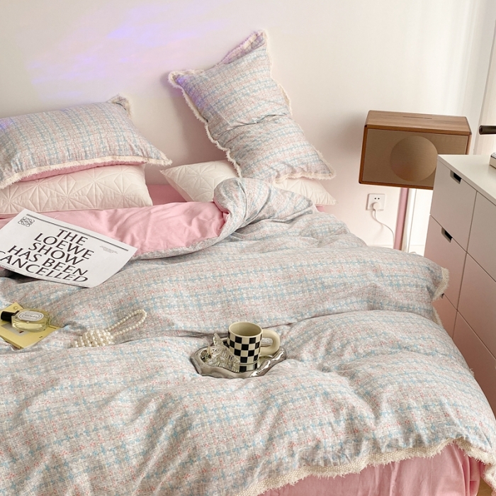 91家纺网 家纺一手货源 找家纺 昔可家纺 2022新款13372全棉香香风流苏边四件套 香香粉兰流苏