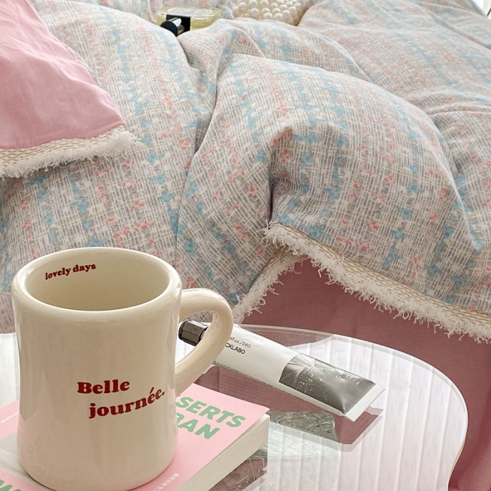 91家纺网 家纺一手货源 找家纺 昔可家纺 2022新款13372全棉香香风流苏边四件套 香香粉兰流苏