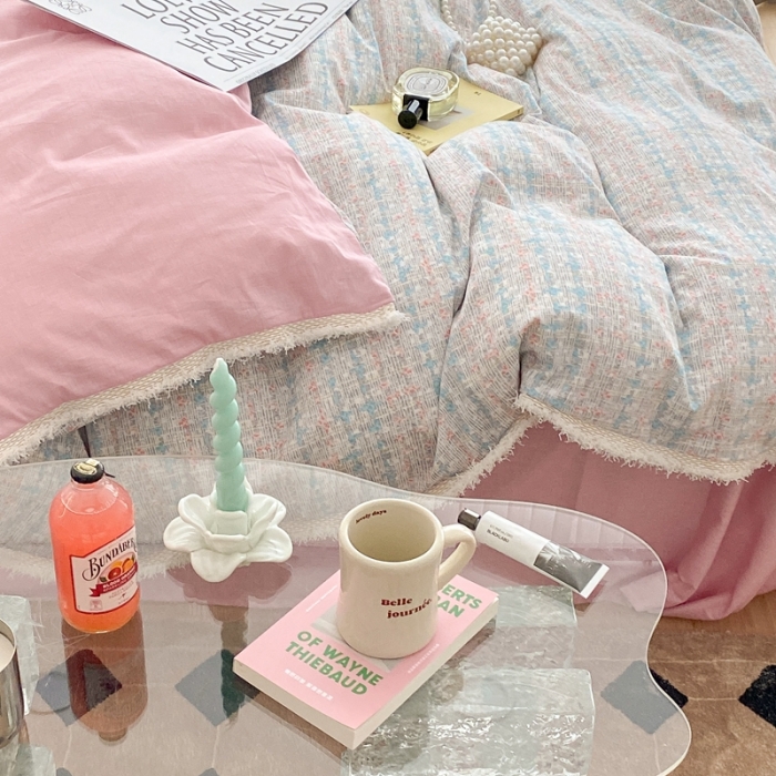 91家纺网 家纺一手货源 找家纺 昔可家纺 2022新款13372全棉香香风流苏边四件套 香香粉兰流苏