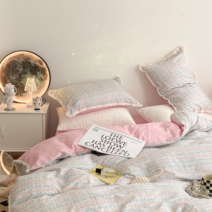 91家纺网 家纺一手货源 找家纺 昔可家纺 2022新款13372全棉香香风流苏边四件套 香香粉兰流苏