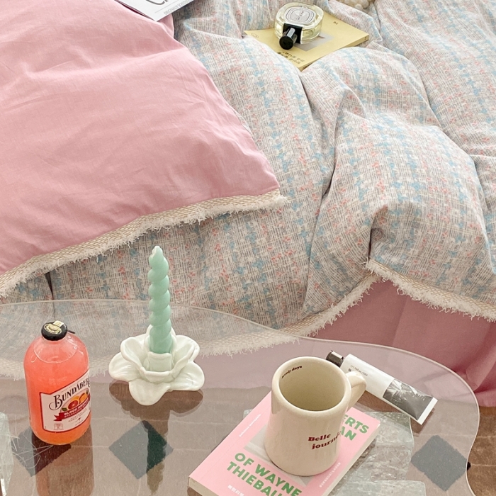 91家纺网 家纺一手货源 找家纺 昔可家纺 2022新款13372全棉香香风流苏边四件套 香香粉兰流苏