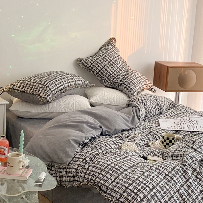 91家纺网 家纺一手货源 找家纺 昔可家纺 2022新款13372全棉香香风流苏边四件套 香香黑流苏