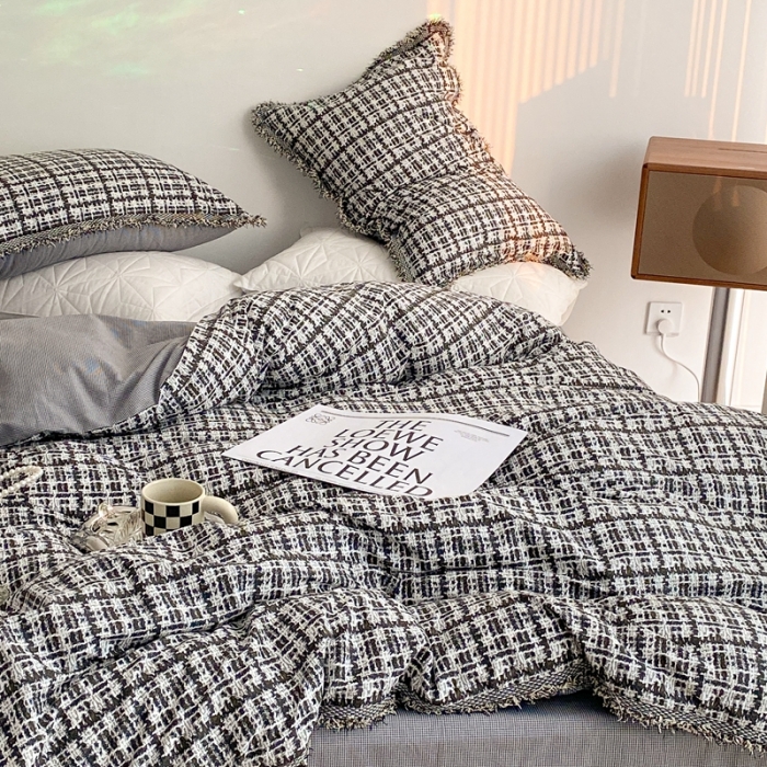 91家纺网 家纺一手货源 找家纺 昔可家纺 2022新款13372全棉香香风流苏边四件套 香香黑流苏