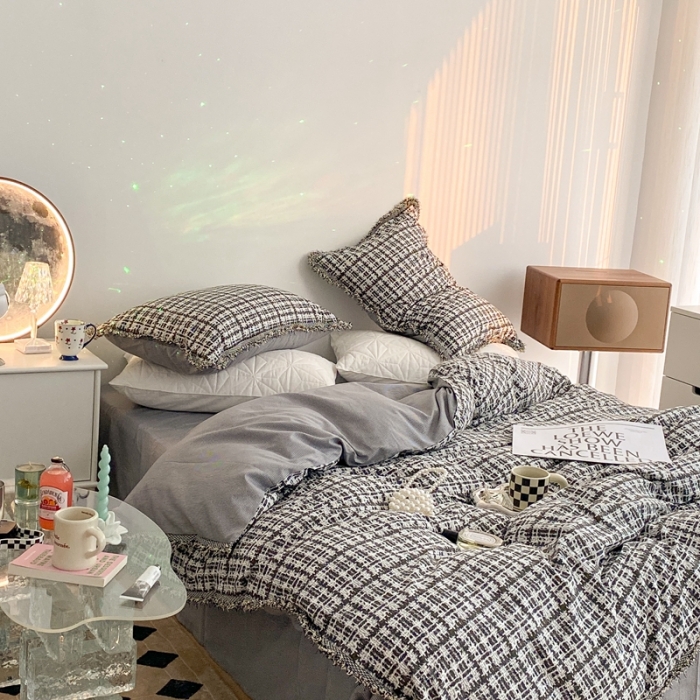 91家纺网 家纺一手货源 找家纺 昔可家纺 2022新款13372全棉香香风流苏边四件套 香香黑流苏