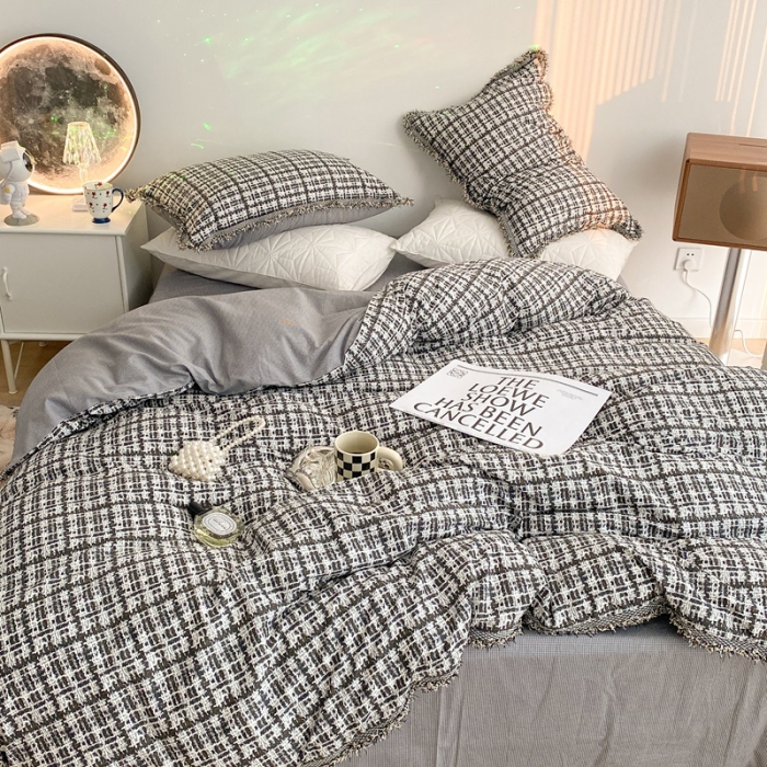 91家纺网 家纺一手货源 找家纺 昔可家纺 2022新款13372全棉香香风流苏边四件套 香香黑流苏