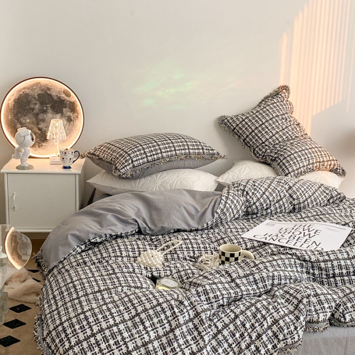 91家纺网 家纺一手货源 找家纺 昔可家纺 2022新款13372全棉香香风流苏边四件套 香香黑流苏