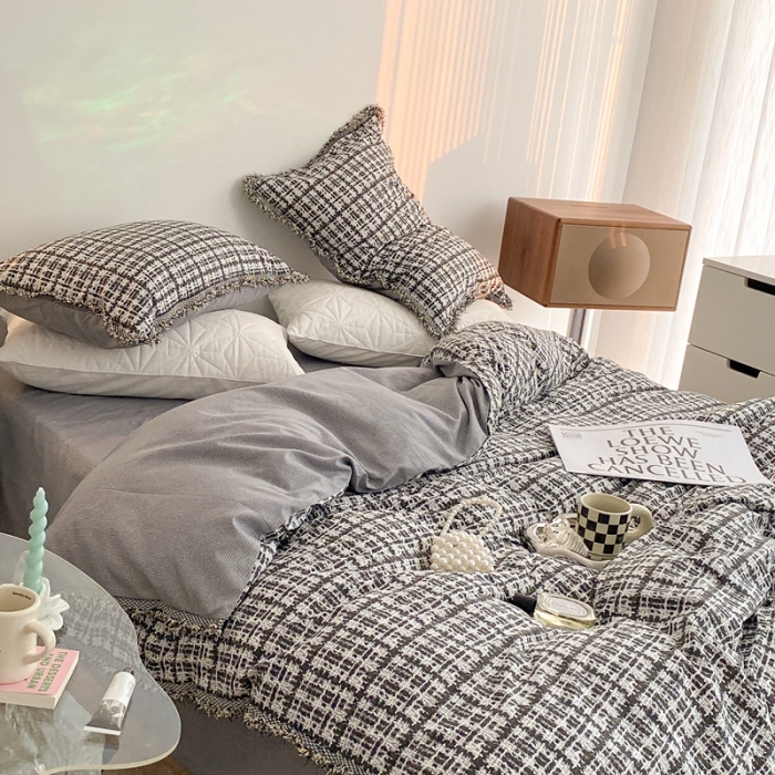 91家纺网 家纺一手货源 找家纺 昔可家纺 2022新款13372全棉香香风流苏边四件套 香香黑流苏