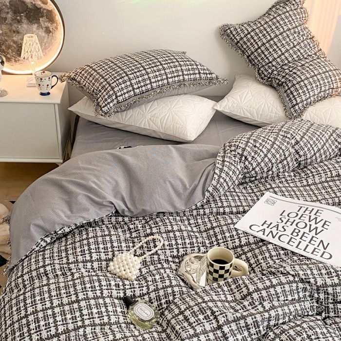 91家纺网 家纺一手货源 找家纺 昔可家纺 2022新款13372全棉香香风流苏边四件套 香香黑流苏