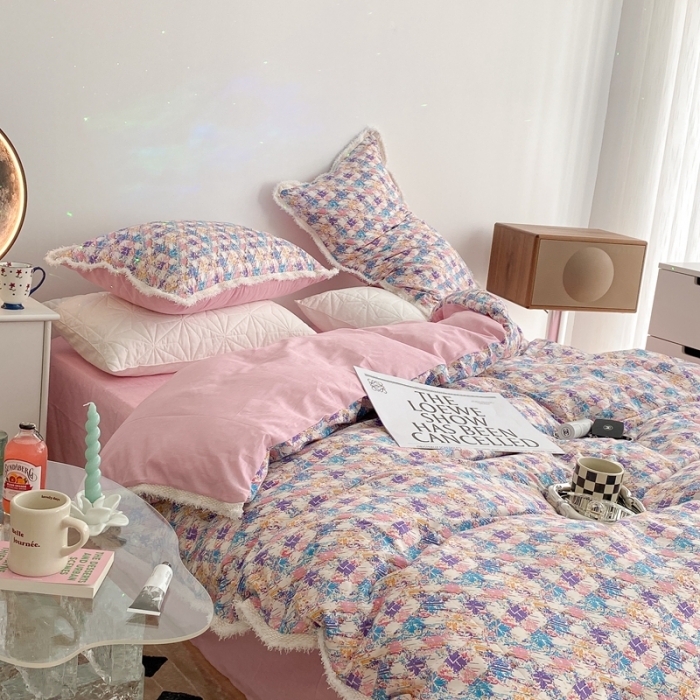 91家纺网 家纺一手货源 找家纺 昔可家纺 2022新款13372全棉香香风流苏边四件套 香香紫流苏