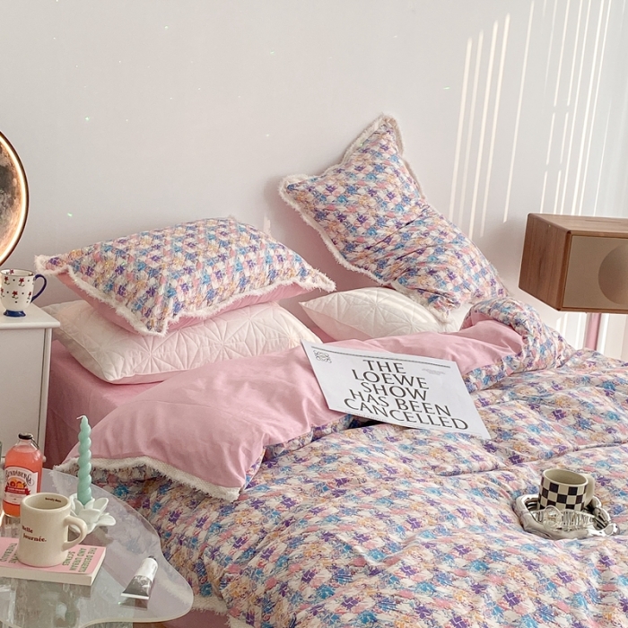 91家纺网 家纺一手货源 找家纺 昔可家纺 2022新款13372全棉香香风流苏边四件套 香香紫流苏