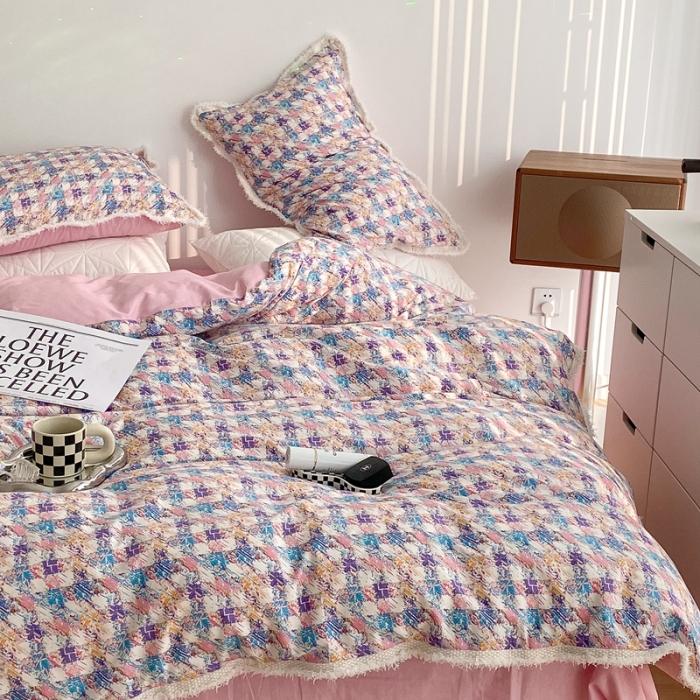 91家纺网 家纺一手货源 找家纺 昔可家纺 2022新款13372全棉香香风流苏边四件套 香香紫流苏