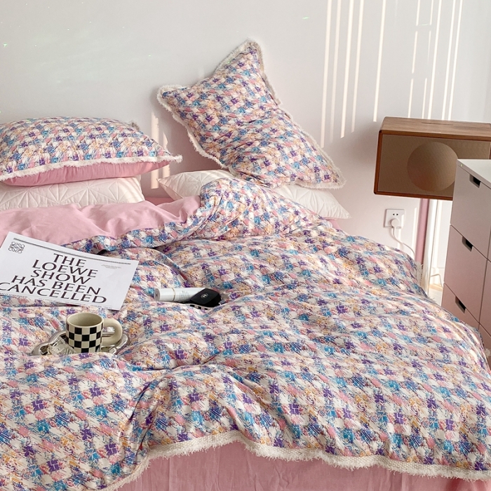 91家纺网 家纺一手货源 找家纺 昔可家纺 2022新款13372全棉香香风流苏边四件套 香香紫流苏