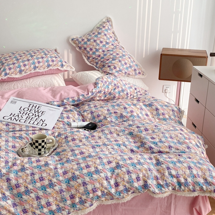 91家纺网 家纺一手货源 找家纺 昔可家纺 2022新款13372全棉香香风流苏边四件套 香香紫流苏