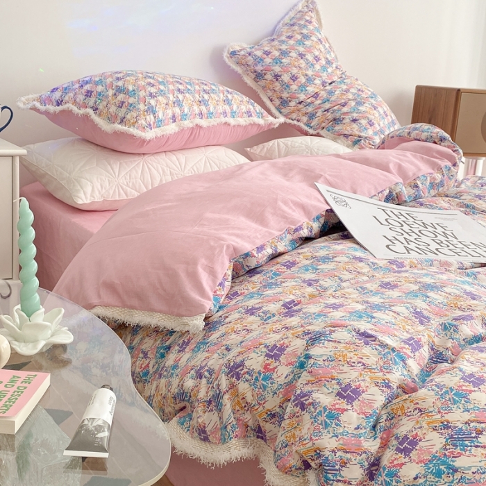 91家纺网 家纺一手货源 找家纺 昔可家纺 2022新款13372全棉香香风流苏边四件套 香香紫流苏