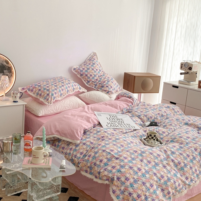 91家纺网 家纺一手货源 找家纺 昔可家纺 2022新款13372全棉香香风流苏边四件套 香香紫流苏