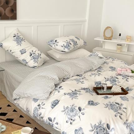 91家纺网 家纺一手货源 找家纺 昔可家纺 2022新款13372全棉普通款花花系列四件套 蓝色复古花