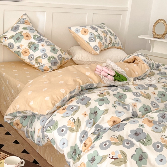 91家纺网 家纺一手货源 找家纺 昔可家纺 2022新款13372全棉普通款花花系列四件套 百合铃兰绿